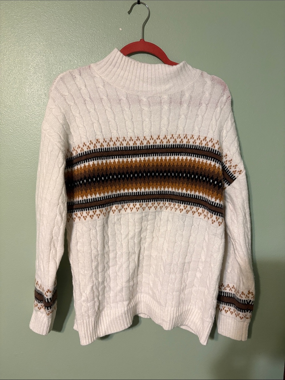 White Cable-Knit Sweater with Ochre and Black Stripe Detail